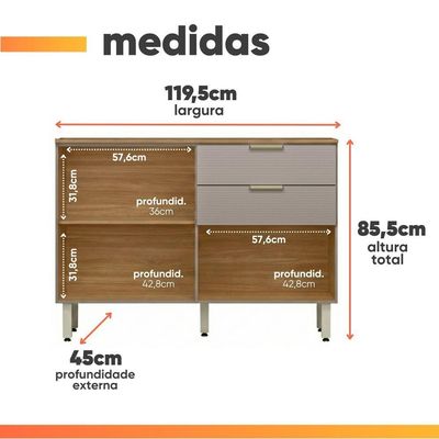 Balcão De Cozinha 1,20m 2 Portas 2 Gavetas Alba Madeirado / Nude