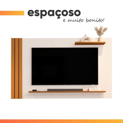 Painel Para Tv Até 55 Polegadas Detalhe Ripado Com Prateleiras Aden Off White/madeirado Off White / Madeirado