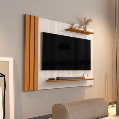 Painel Para Tv Até 55 Polegadas Detalhe Ripado Com Prateleiras Aden Off White/madeirado Off White / Madeirado