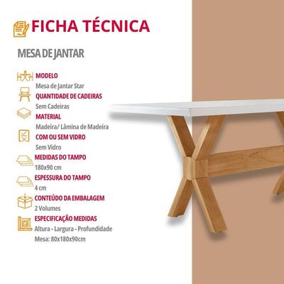 Mesa Para Sala De Jantar Star 180cm Tampo Canto Moeda Vidro Cinamomo Imbua/ Laqueado Off