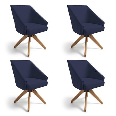 Kit 4 Poltronas Giratórias Alana Suede Azul Marinho Base De Madeira - Pallazio