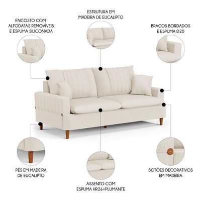 Sofá 200cm 3 Lugares Com Almofadas Pés Curvos Veras Linho D05 Cru - Mpozenato