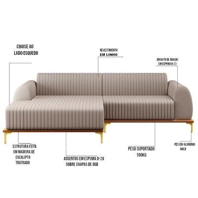 Sofá 255cm 4 Lugares Com Chaise Esquerdo Pés Gold Molino C-107 Linho Bege - Domi