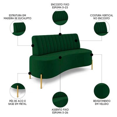 Sofá 2 Lugares 160cm Pés Aço Dourado Tamar Veludo Verde Z08 - Mpozenato