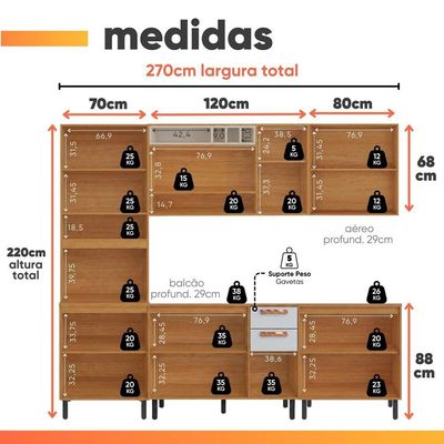 Armário De Cozinha Completa 13 Portas 2 Gavetas Núbia Madeirado/off White Madeirado/off White