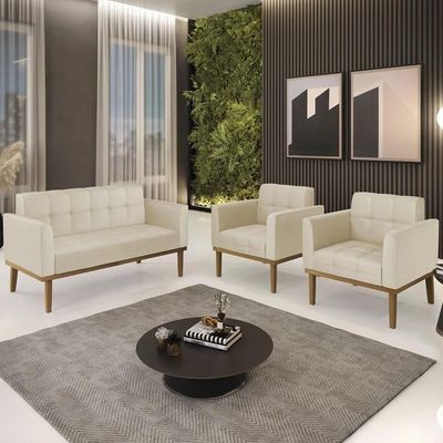 Sofá Namoradeira E 2 Poltronas Base Madeira Castanho Ana Sintético Bege - Ibiza