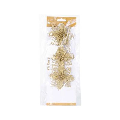 Kit Flor Natal Le 9,5cm com 3 Unidades Dourado