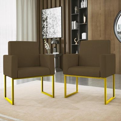 Kit Sofá 2 Lugares + 2 Poltronas Recepção Sala Base Dourada Cor:marrom Marrom