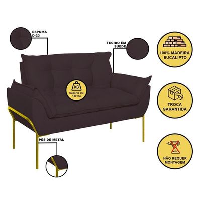 Sofá Namoradeira Base Metal Dourada Reforçada Tecido Suede Cinza
