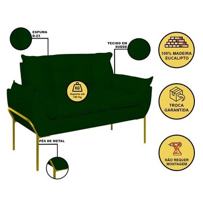 Sofá Namoradeira Base Metal Dourada Reforçada Tecido Suede Verde
