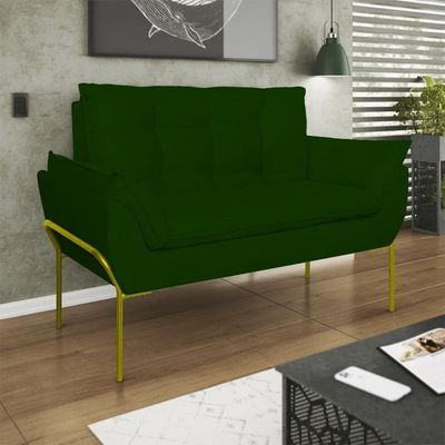 Sofá Namoradeira Base Metal Dourada Reforçada Tecido Suede Verde