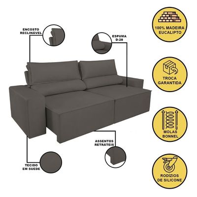 Sofá Reclinável Retrátil 3 Lugares Com Molas Balaqui Decor Cinza