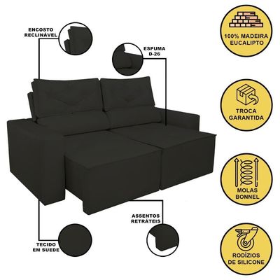 Sofá Reclinável Retrátil Luxo 2 Lugares C- Molas Balaqui Preto