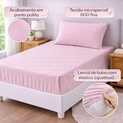 Jogo De Lençol Solteiro Premium Soft 600 Fios Micropercal Rosa Bebê Ponto Palito Toque Macio 2 Peças