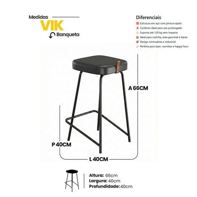 Kit 04 Banquetas Médias Para Cozinha Vik Estofada Couríssimo Preto - Desk Design