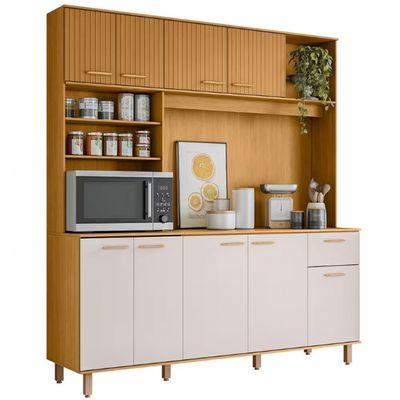 Cozinha Compacta Poliman Nuria com 9 Portas, 1 Gaveta e 4 Prateleiras - 180cm de largura Freijó com Off White