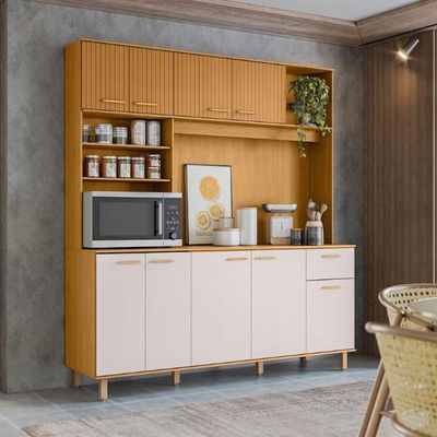 Cozinha Compacta Poliman Nuria com 9 Portas, 1 Gaveta e 4 Prateleiras - 180cm de largura Freijó com Off White