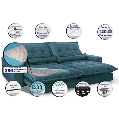 Sofa Retrátil E Reclinável 2,72m Com Molas Ensacadas Cama Inbox Soft Tecido Suede Azul