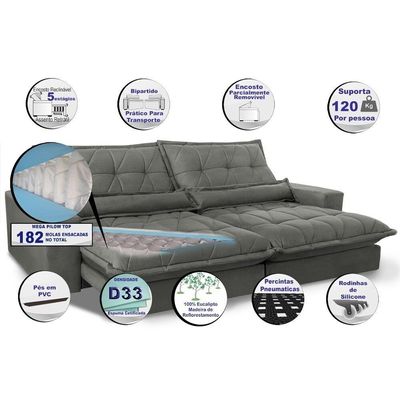 Sofa Retrátil E Reclinável Cama Inbox Soft Tecido Suede Cinza