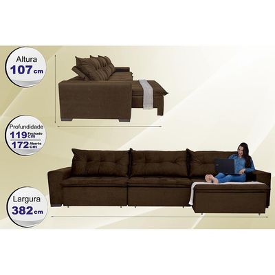 Sofá Austrália 3,82 Mts Retrátil, Reclinável Com Molas E Pillow No Assento Tecido Suede Café