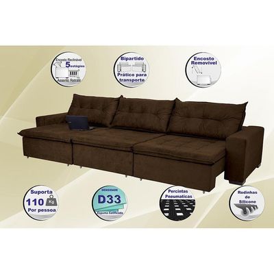 Sofá Austrália 3,82 Mts Retrátil, Reclinável Com Molas E Pillow No Assento Tecido Suede Café