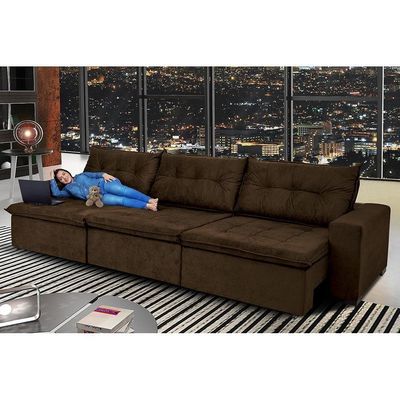 Sofá Austrália 3,82 Mts Retrátil, Reclinável Com Molas E Pillow No Assento Tecido Suede Café