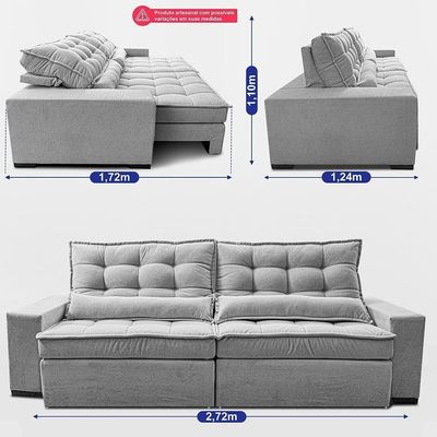 Sofá Retrátil E Reclinável 2,72m Molas Ensacadas Belle. Boucle Cama Inbox Cinza Claro