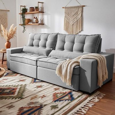 Sofá Retrátil E Reclinável 2,72m Molas Ensacadas Belle. Boucle Cama Inbox Cinza Claro