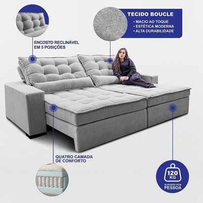 Sofá Retrátil E Reclinável 2,72m Molas Ensacadas Belle. Boucle Cama Inbox Cinza Claro