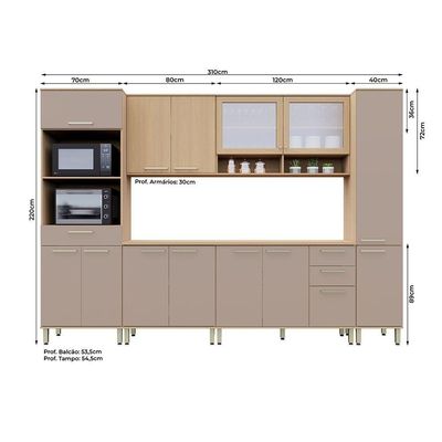 Cozinha Completa 100% Mdf 6 Pçs 310cm Duna Luciane Móveis Freijó-cinammon