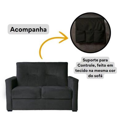 Sofá Pequeno 2 Lugares 1,35 Porta Controle No Braço Alice Preto