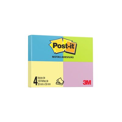 Bloco Adesivo Post It 3M Colorido 4 Blocos de 100 Folhas 38x50mm