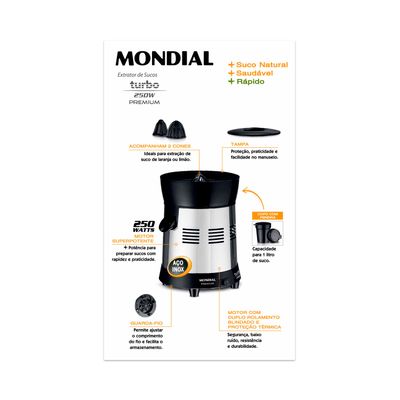 Extrator de Frutas Mondial Premium Turbo E-10 1,0L Preto 250W - Bivolt