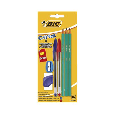 Kit Escrita Bic com 2 Canetas Cristal Azul e Vermelha, 3 Lápis Pretos, 1 Borracha e 1 Apontador