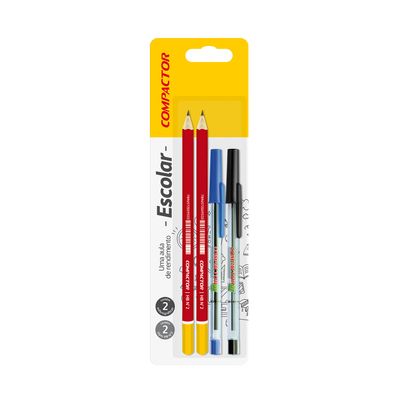 Kit Escrita Compactor com 2 Canetas 0.7mm e 2 Lápis Pretos HB Nº2