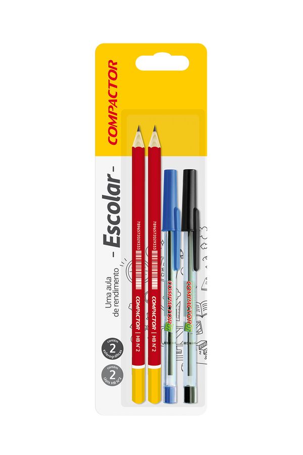 Kit Escrita Compactor com 2 Canetas 0.7mm e 2 Lápis Pretos HB Nº2