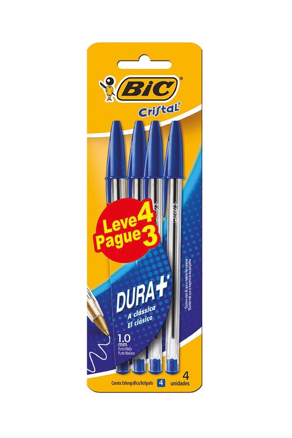 Caneta Esferográfica Bic Cristal Dura Mais 1.0mm Azul com 4 Unidades