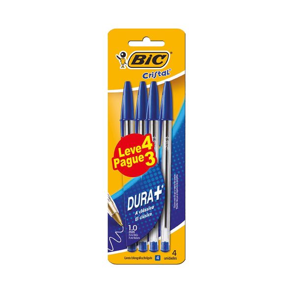 Caneta Esferográfica Bic Cristal Dura Mais 1.0mm Azul com 4 Unidades