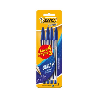Caneta Esferográfica Bic Cristal Dura Mais 1.0mm Azul com 4 Unidades