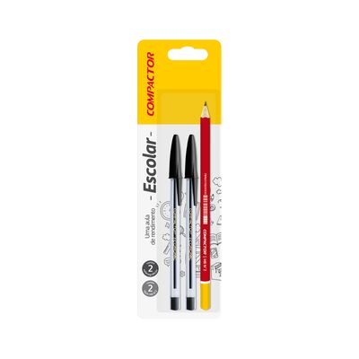 Kit Caneta Esferográfica Compactor 0.7mm Preta 2 Unidades e 1 Lápis Preto HB Nº2