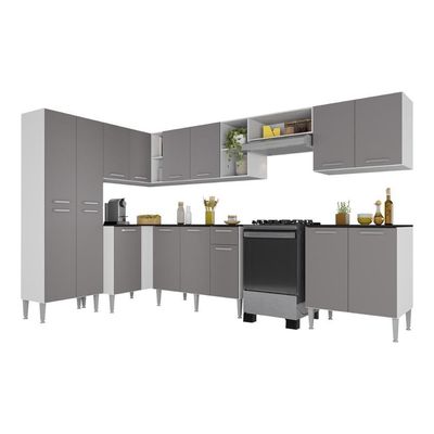 Armário Cozinha Modulada Completa Canto Pequim Pop Multimóveis Mp3774 Branco-lacca Fumê