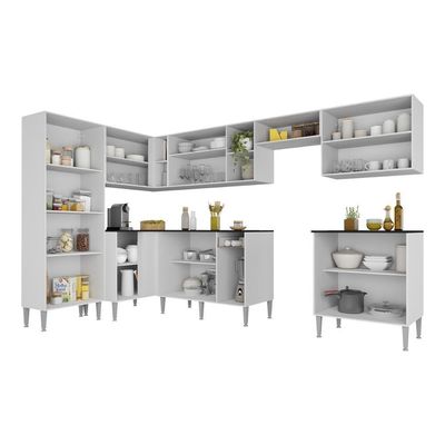 Armário Cozinha Modulada Completa Canto Pequim Pop Multimóveis Mp3774 Branco-lacca Fumê