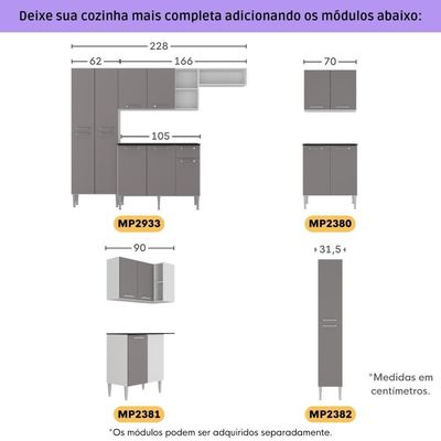 Armário Cozinha Modulada Completa Canto Pequim Pop Multimóveis Mp3774 Branco-lacca Fumê