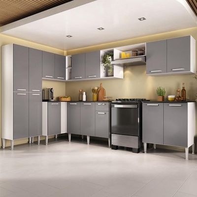 Armário Cozinha Modulada Completa Canto Pequim Pop Multimóveis Mp3774 Branco-lacca Fumê