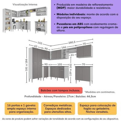 Armário Cozinha Modulada Completa Canto Pequim Pop Multimóveis Mp3774 Branco-lacca Fumê