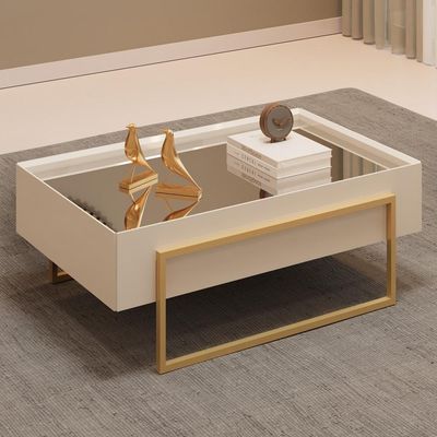 Mesa De Centro Espelhada Para Sala De Estar Pés Industrial Malika D05 Off White - Lyam Decor