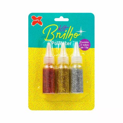 Glitter em Poliéster 45g com 3 Cores Ouro, Prata e Vermelho