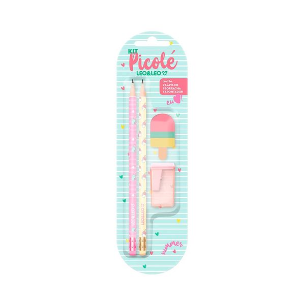 Kit Escrita Leonora Picolé 2 Lápis Grafites HB Nº2, 1 Borracha e 1 Apontador