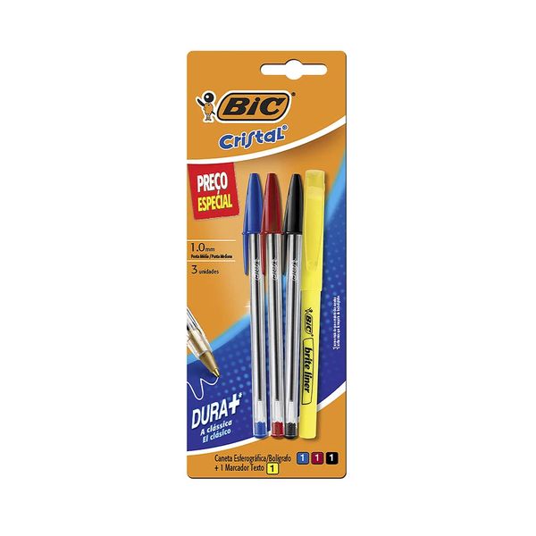 Kit Caneta Esferográfica Bic Cristal Dura Mais 3 Unidades 1,0mm+ Marcador de Texto Brite Amarelo