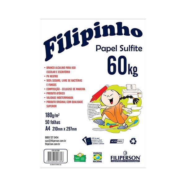 Papel Sulfite Filipinho A4 Branco 180g com 50 Folhas